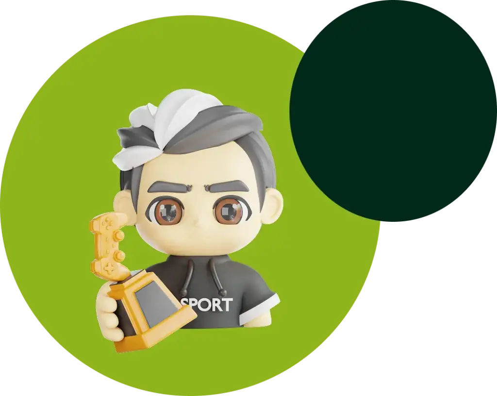 Een 3D-stripfiguur met grote ogen en wenkbrauwen houdt een gouden trofee vast in de vorm van een gamecontroller. Het figuur draagt een hoodie met het opschrift “SPORT”, wat vastberadenheid uitstraalt