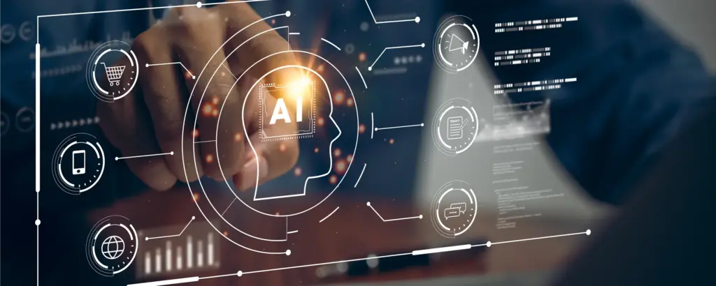 Iemand werkt met een digitale interface waarop ‘AI’ en bijbehorende pictogrammen te zien zijn, wat de integratie van technologie in alledaagse taken symboliseert.